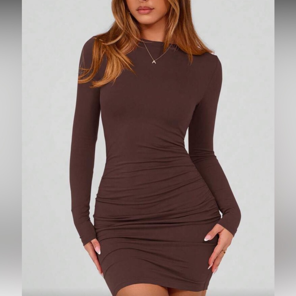 Women's Brown Long Sleeve Black Bodycon Dress